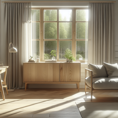 Buffet en bois clair jauni par la lumière du soleil, différence de teinte visible