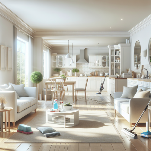 Une pièce de vie lumineuse et ordonnée avec une cuisine ouverte propre et un salon accueillant après deux heures de ménage, sols frais et atmosphère paisible - piece-vie-menage.jpg