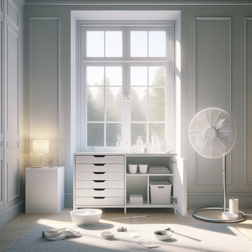 Une pièce lumineuse et bien rangée, un meuble Ikea blanc fraîchement assemblé trône au centre près d'une grande fenêtre entrouverte. Portes et tiroirs du meuble sont ouverts, un ventilateur fonctionne à côté pour renforcer l'aération. Quelques coupelles de charbon actif et de bicarbonate de soude sont posées à l'intérieur du meuble. L'ambiance est paisible et méticuleuse, suggérant une atmosphère de soin pour un intérieur sain.