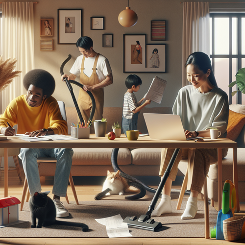 Un salon moderne et lumineux, avec une famille détendue, un parent travaille sur un ordinateur portable pendant qu’un(e) assistant(e) à domicile passe l’aspirateur, un enfant fait ses devoirs sur la table avec l’aide d’un autre intervenant, et un chat joue avec une liste de courses tombée au sol.