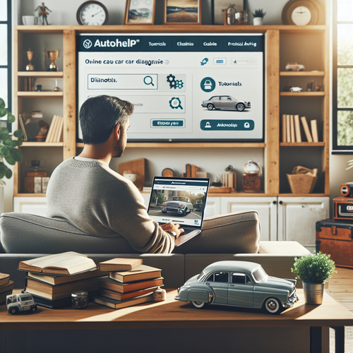 Une scène chaleureuse dans un salon moderne où un automobiliste utilise un ordinateur portable pour consulter la plateforme AideAutoP.