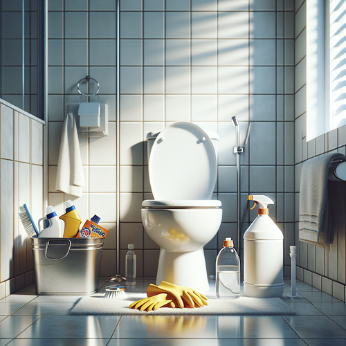 Une salle de bain lumineuse et bien entretenue avec des toilettes nettoyées, des produits ménagers posés à proximité - importance de l’entretien régulier