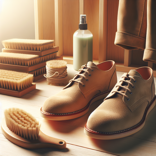 Un plan rapproché d'une paire de chaussures en nubuck beige, une brosse en crêpe douce et un flacon de spray imperméabilisant sur une table en bois clair.