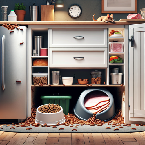 Scène de cuisine familiale bien rangée montrant des endroits propices à l’apparition d’asticots marron : poubelle entrouverte, gamelle d’animal, tranche de jambon sous le frigo, coin sombre derrière un meuble