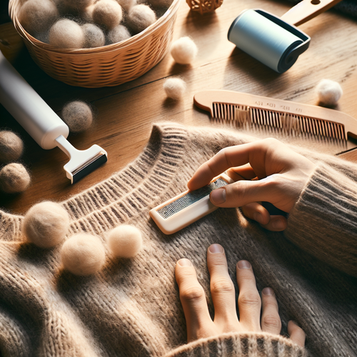 Un pull en laine posé à plat sur une table, avec une main utilisant un rasoir à vêtements et des accessoires anti-bouloches