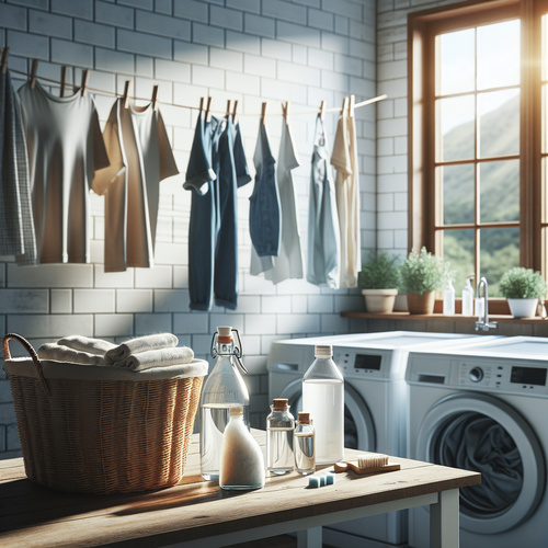 Une buanderie bien éclairée, avec des vêtements suspendus sur un fil à linge près d'une fenêtre ouverte laissant entrer la lumière naturelle. Sur une table, on aperçoit une boîte de bicarbonate de soude, une bouteille de vinaigre blanc et quelques flacons d'huiles essentielles disposés à côté d’un panier à linge. L’ambiance est propre, fraîche et organisée, sans présence de personnes ni d’animaux.