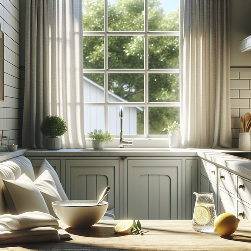 Une cuisine fraîchement aérée avec fenêtres grandes ouvertes et un bol de vinaigre blanc sur la table - cuisine-lumineuse-vinaigre-citron.jpg