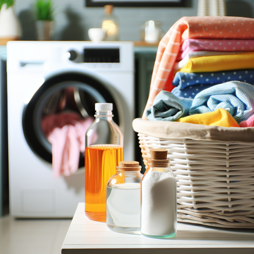 Un panier à linge rempli de différents vêtements colorés et des produits naturels pour le linge