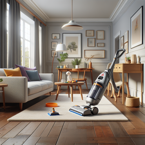 Scène lumineuse d'un séjour moderne avec un Bissell CrossWave Pet Pro nettoyant un salon accueillant et ordonné - image-28.png