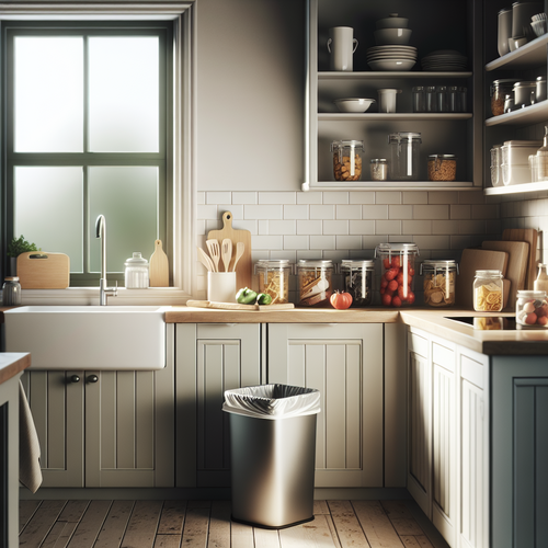 Une cuisine propre et bien rangée avec poubelle fermée, aliments en boîtes hermétiques et fenêtre ouverte ; ambiance fraîche