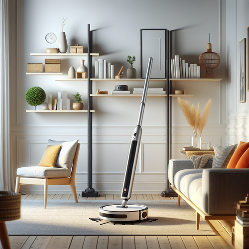 Scène de salon moderne avec robot aspirateur et aspirateur balai contemporain