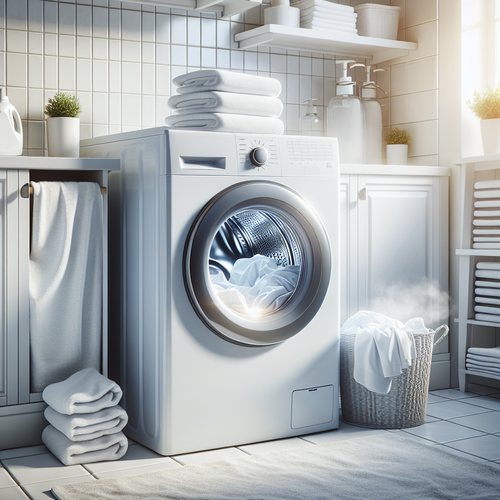 Machine à laver remplie de draps et serviettes blancs dans une buanderie lumineuse