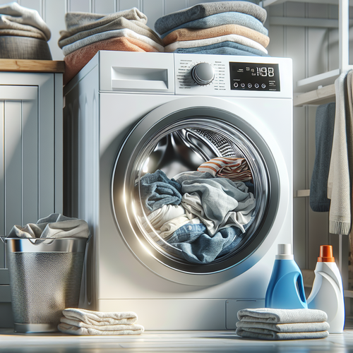 Une machine à laver moderne affichant une température élevée et remplie de linge blanc dans une buanderie lumineuse