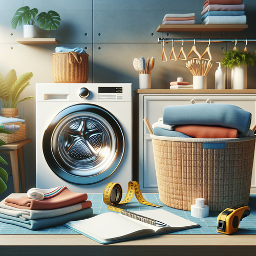 Scène illustrant une buanderie moderne avec une machine à laver et des vêtements colorés.