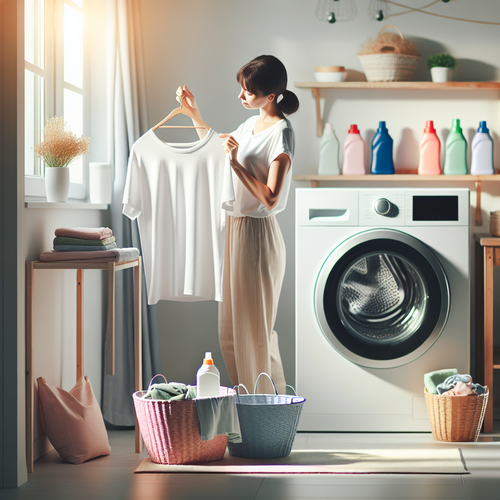 Une scène lumineuse d'une buanderie domestique : une personne étend soigneusement un t-shirt en coton blanc sur un étendoir à linge, près d'une machine à laver moderne.