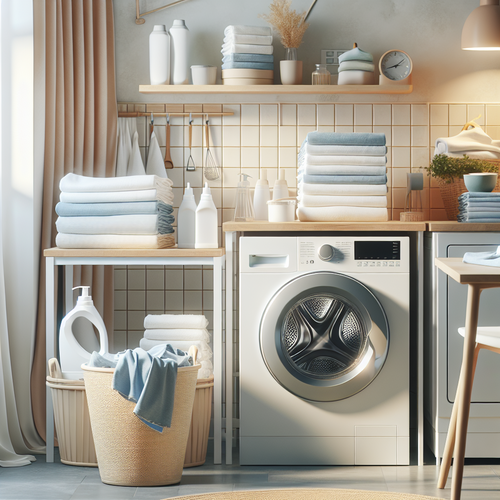 Buanderie lumineuse avec piles de linge de coton propre et organisation soignée - image-8.png