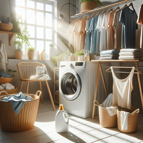 Buanderie lumineuse avec vêtements en coton étendus, intérieur serein et soigné